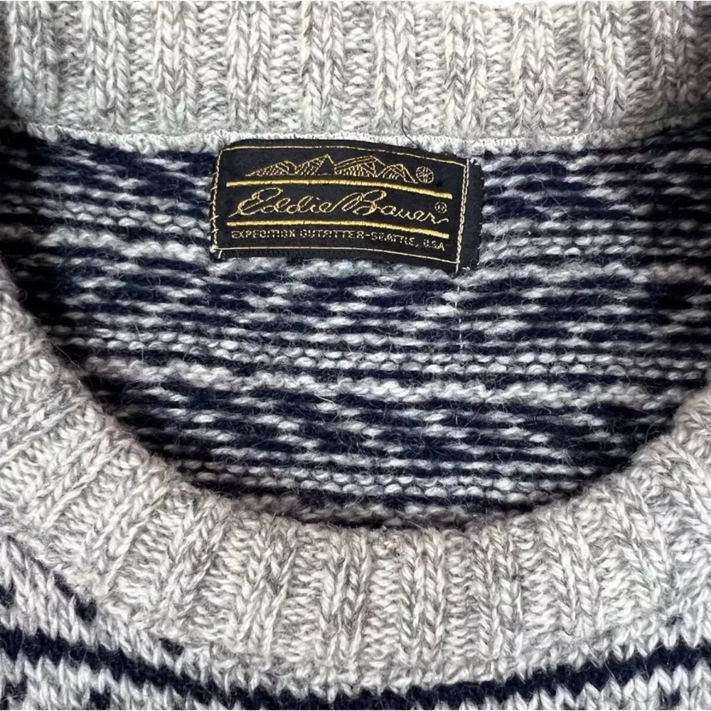 Vintage Eddie Bauer Sweater Men's XL Gray Navy Birds Eye Wool Pullover USA Made - Picture 2 of 5